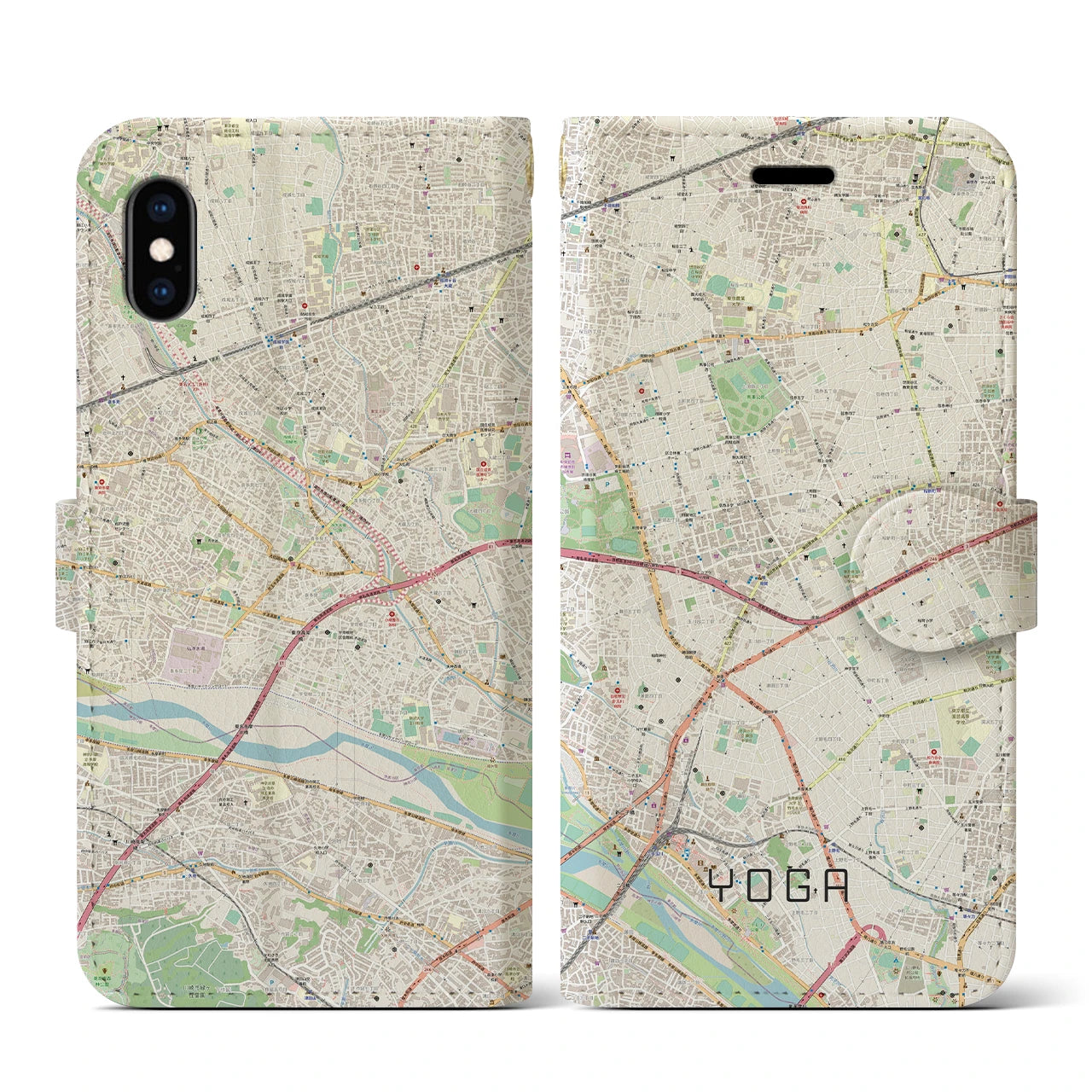 【用賀(東京都)】地図柄iPhoneケース(手帳タイプ)ナチュラル・iPhone XS / X 用