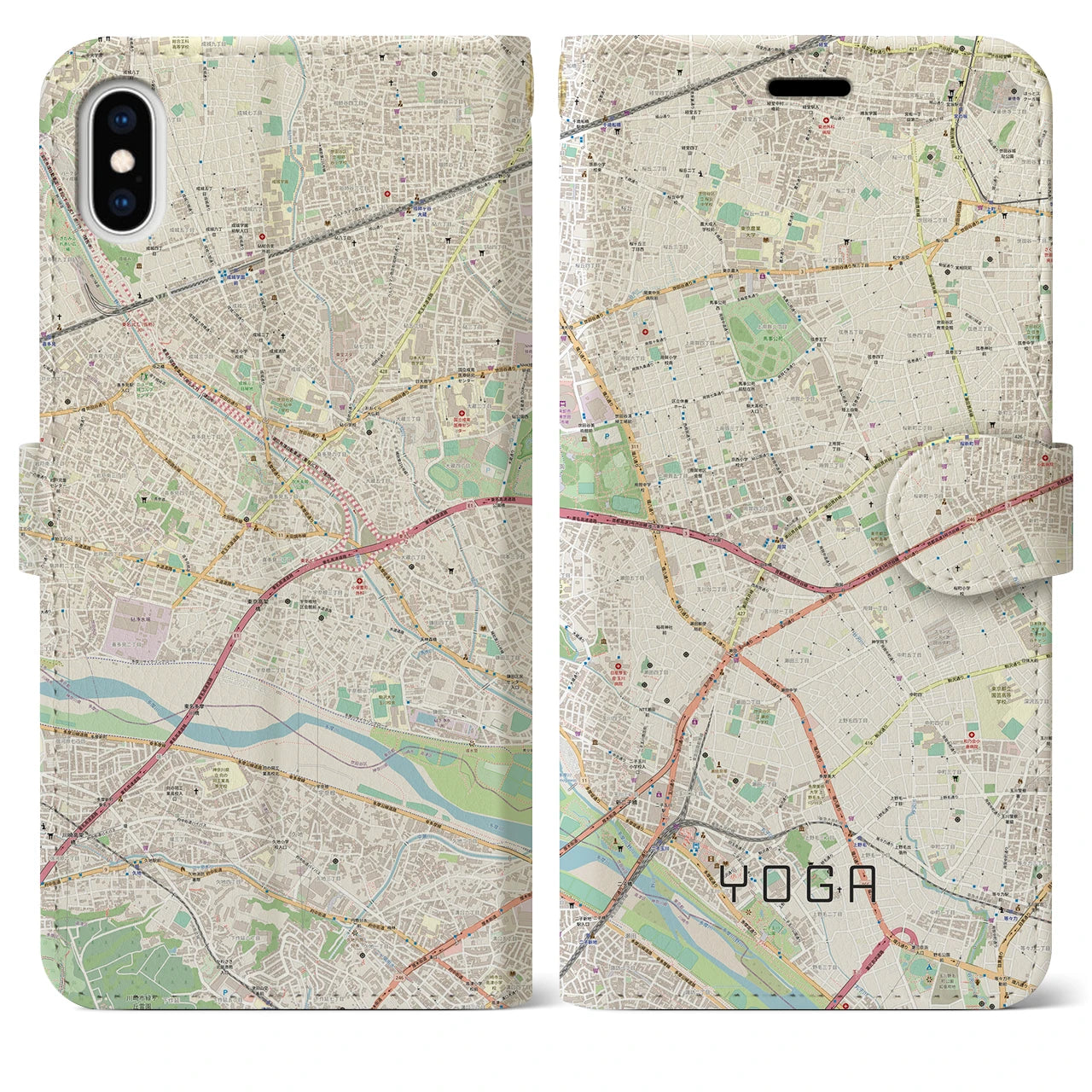 【用賀(東京都)】地図柄iPhoneケース(手帳タイプ)ナチュラル・iPhone XS Max 用