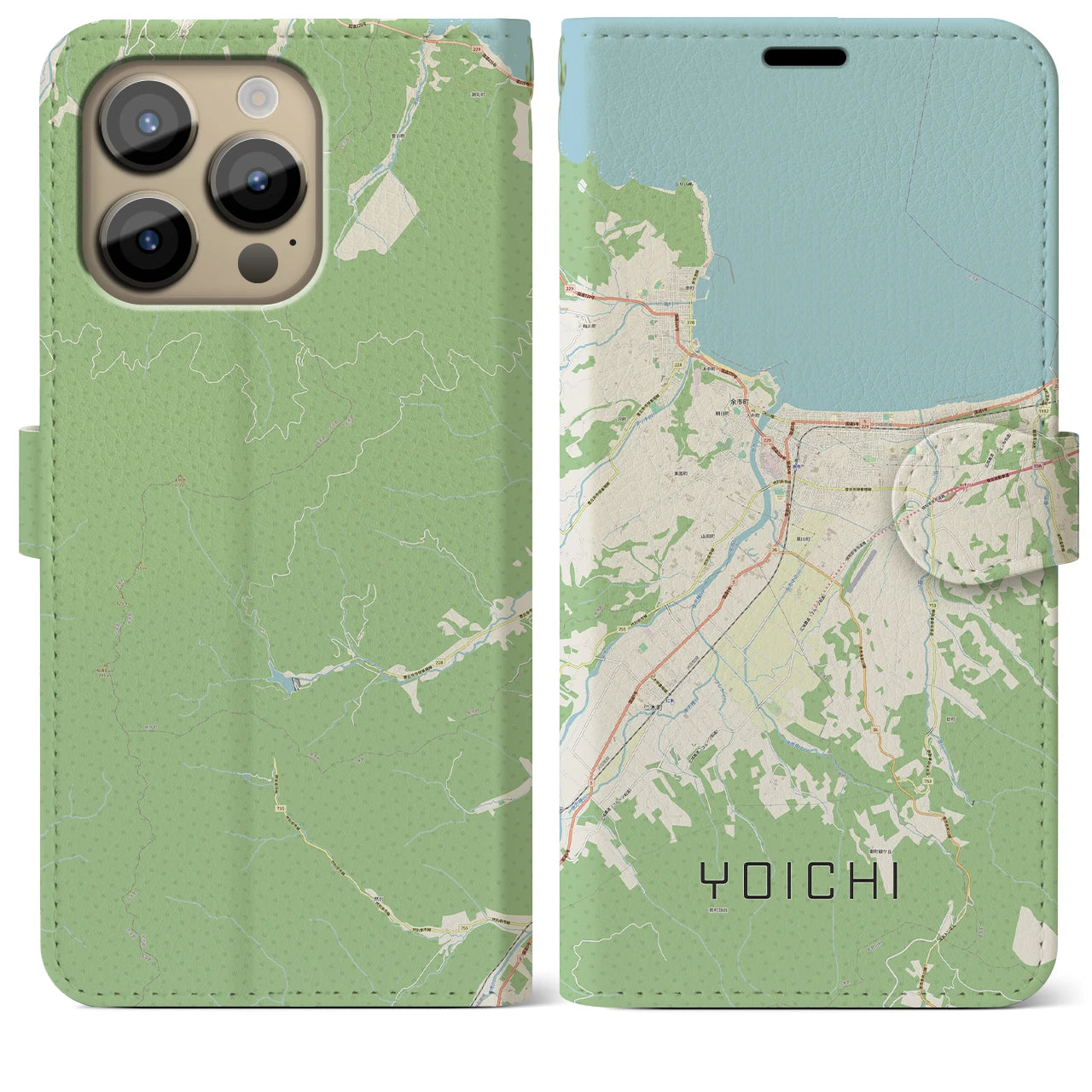 【余市(北海道)】地図柄iPhoneケース(手帳タイプ)ナチュラル・iPhone 14 Pro Max 用
