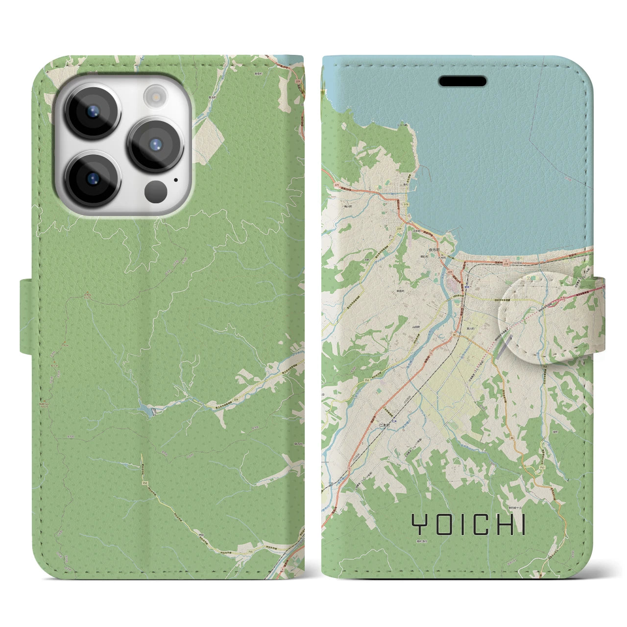 【余市(北海道)】地図柄iPhoneケース(手帳タイプ)ナチュラル・iPhone 14 Pro 用