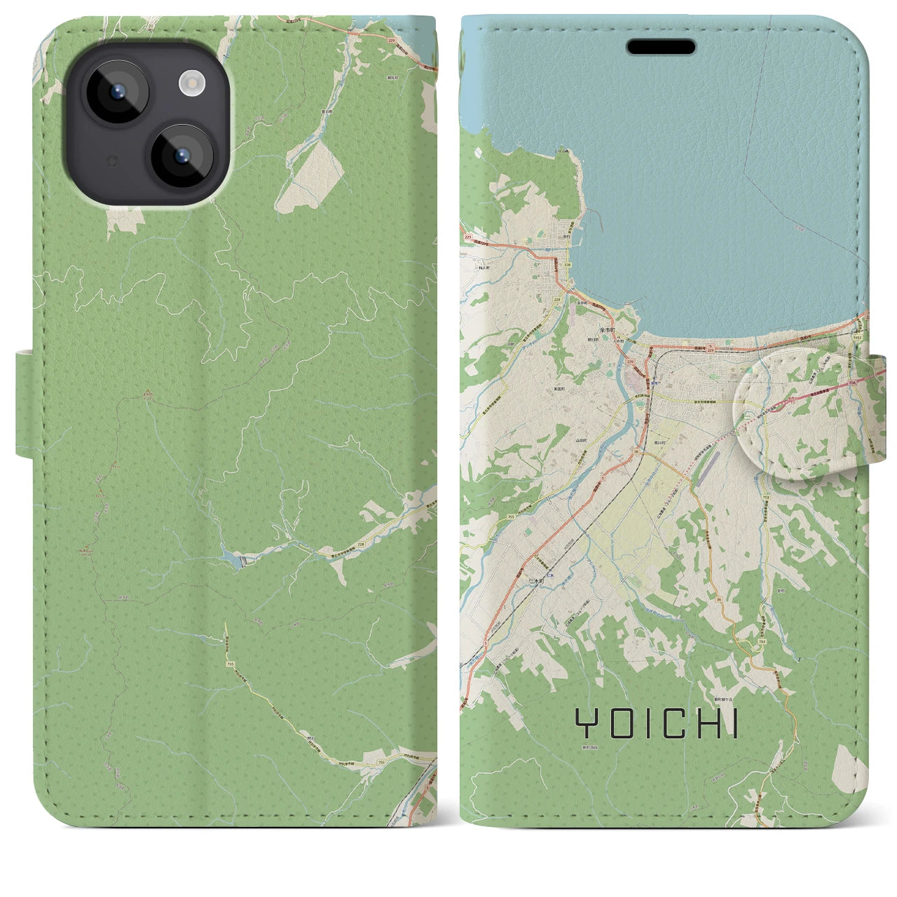 【余市(北海道)】地図柄iPhoneケース(手帳タイプ)ナチュラル・iPhone 14 Plus 用
