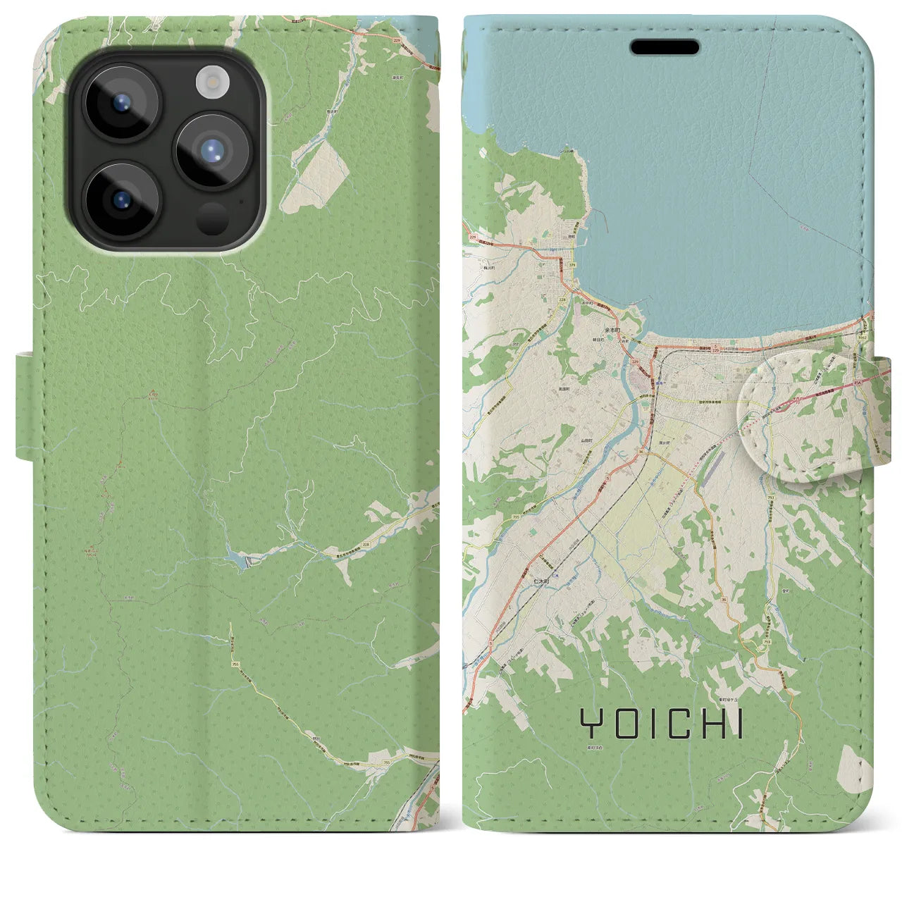 【余市(北海道)】地図柄iPhoneケース(手帳タイプ)ナチュラル・iPhone 15 Pro Max 用