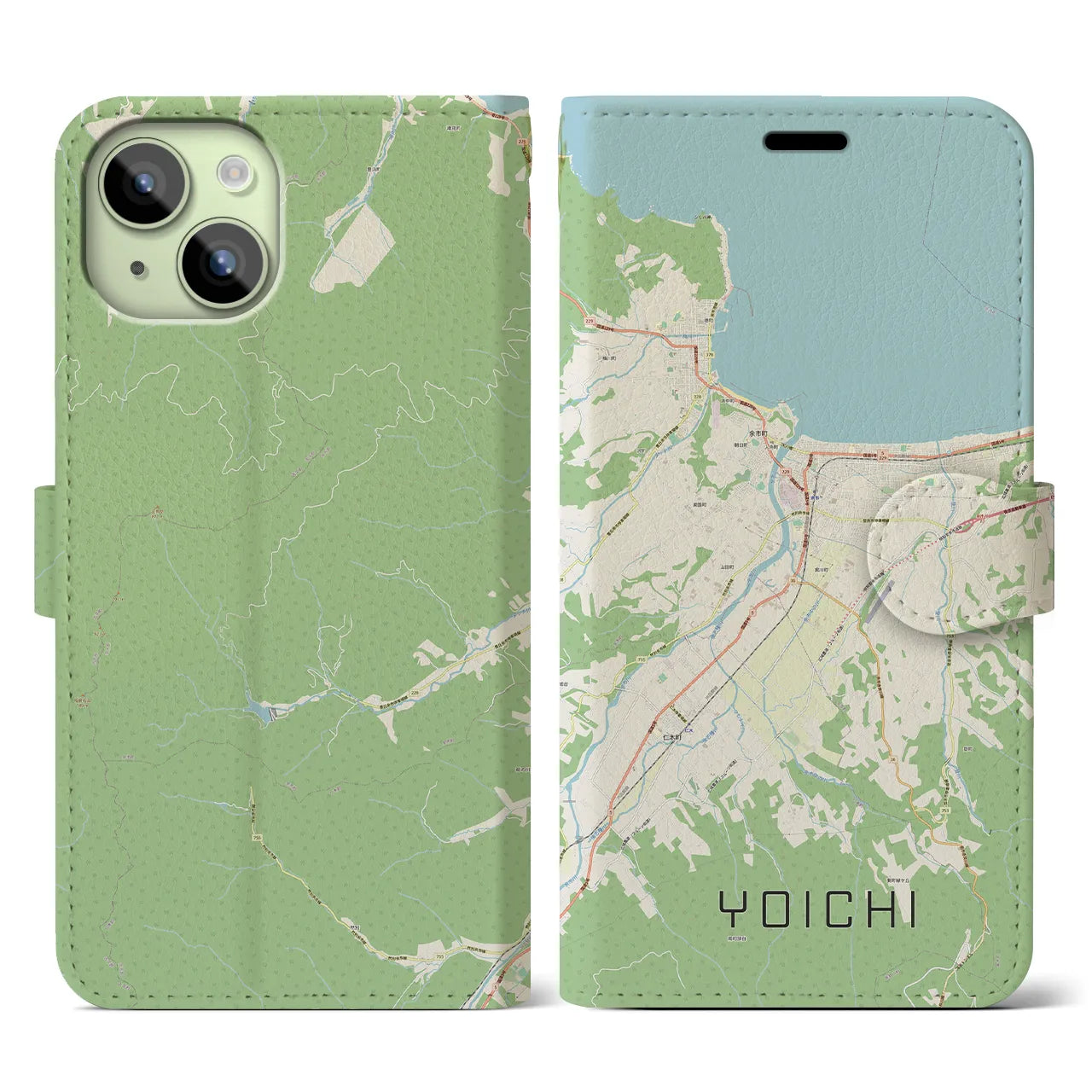 【余市(北海道)】地図柄iPhoneケース(手帳タイプ)ナチュラル・iPhone 15 用
