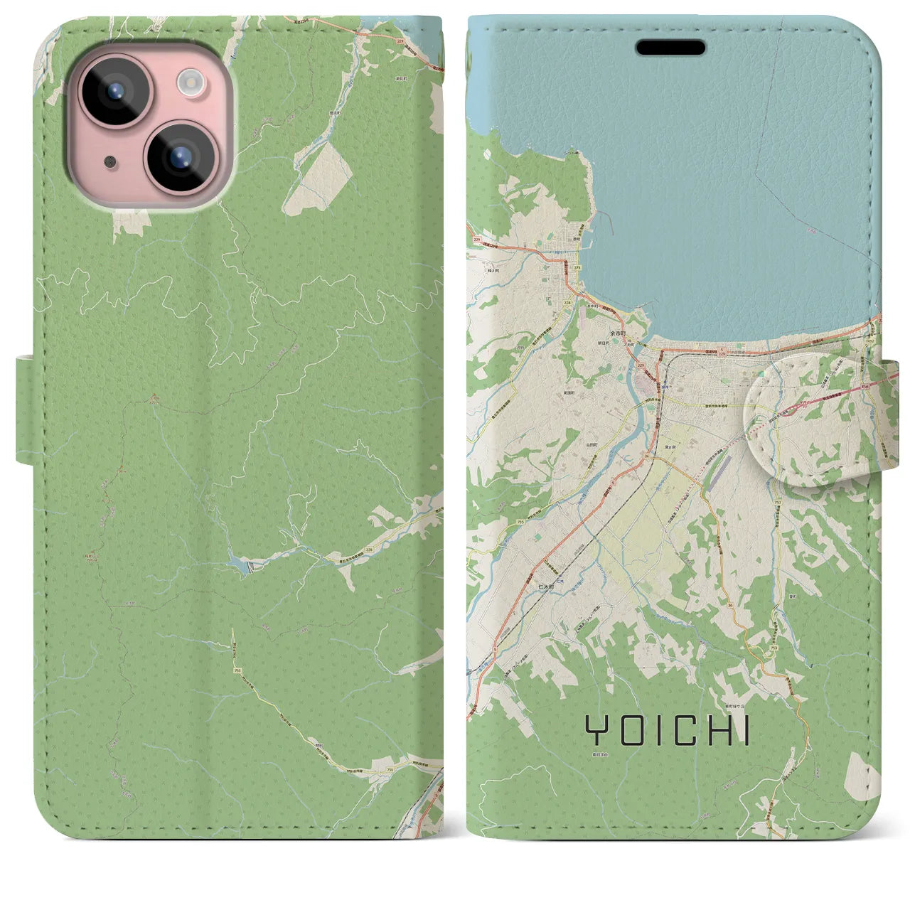 【余市(北海道)】地図柄iPhoneケース(手帳タイプ)ナチュラル・iPhone 15 Plus 用