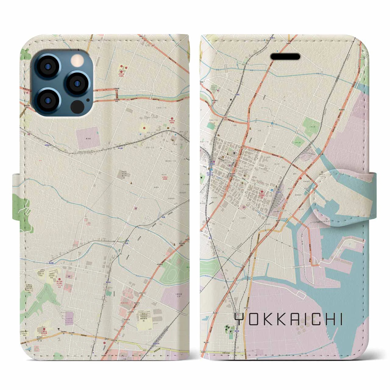 【四日市(三重県)】地図柄iPhoneケース(手帳タイプ)ナチュラル・iPhone 12 / 12 Pro 用