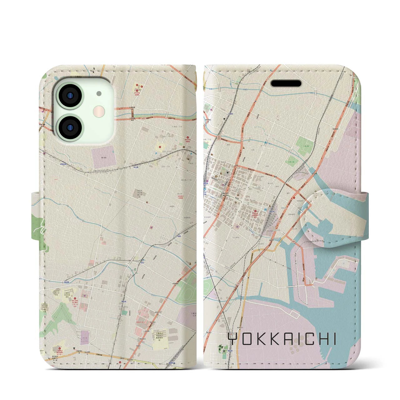 【四日市(三重県)】地図柄iPhoneケース(手帳タイプ)ナチュラル・iPhone 12 mini 用