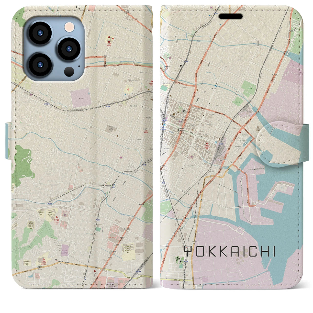 【四日市(三重県)】地図柄iPhoneケース(手帳タイプ)ナチュラル・iPhone 13 Pro Max 用