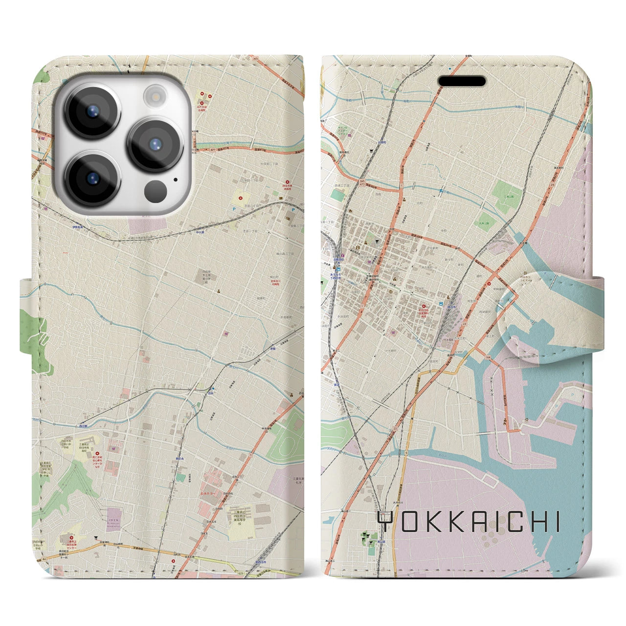 【四日市(三重県)】地図柄iPhoneケース(手帳タイプ)ナチュラル・iPhone 14 Pro 用