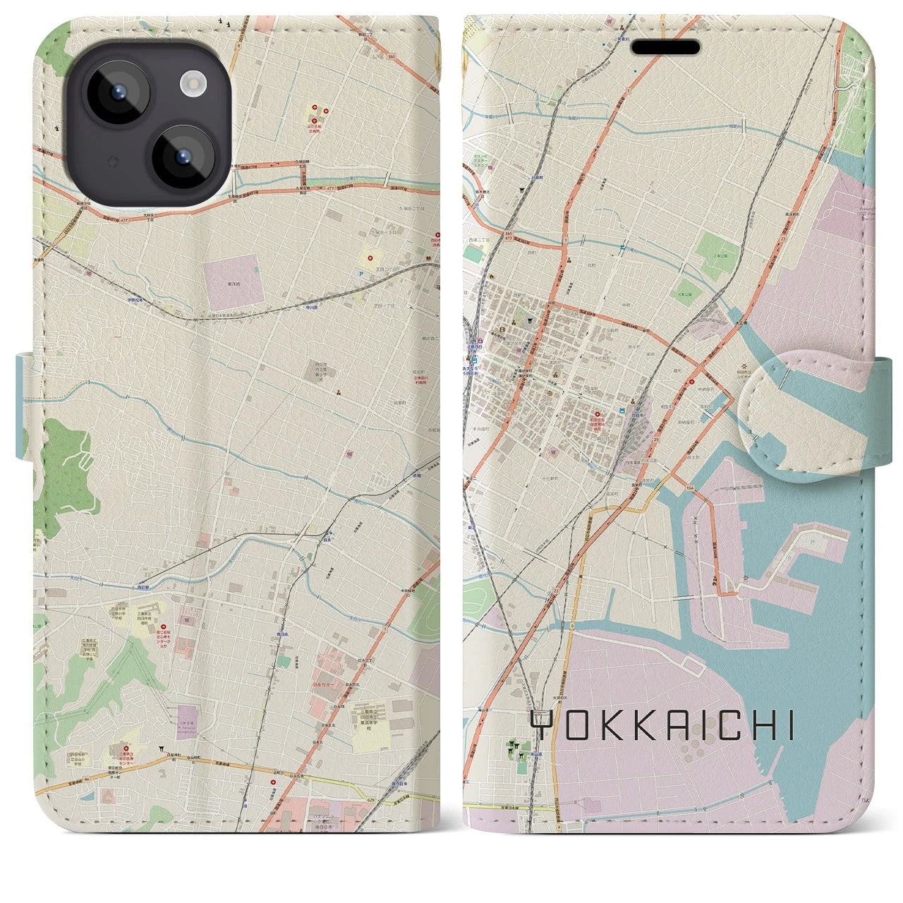 【四日市(三重県)】地図柄iPhoneケース(手帳タイプ)ナチュラル・iPhone 14 Plus 用