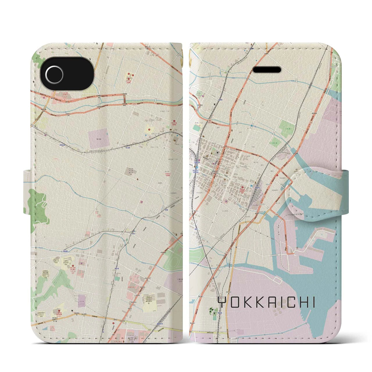 【四日市(三重県)】地図柄iPhoneケース(手帳タイプ)ナチュラル・iPhone SE(第3 / 第2世代) / 8 / 7 / 6s / 6 用