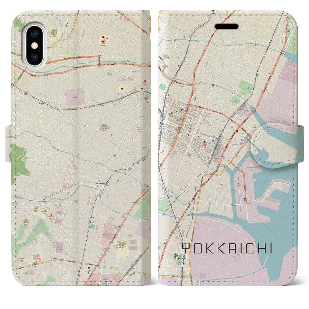 【四日市(三重県)】地図柄iPhoneケース(手帳タイプ)ナチュラル・iPhone XS Max 用