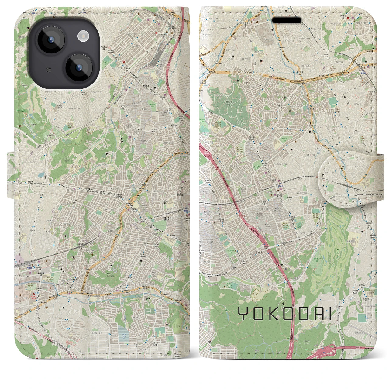 【洋光台(神奈川県)】地図柄iPhoneケース(手帳タイプ)ナチュラル・iPhone 14 Plus 用