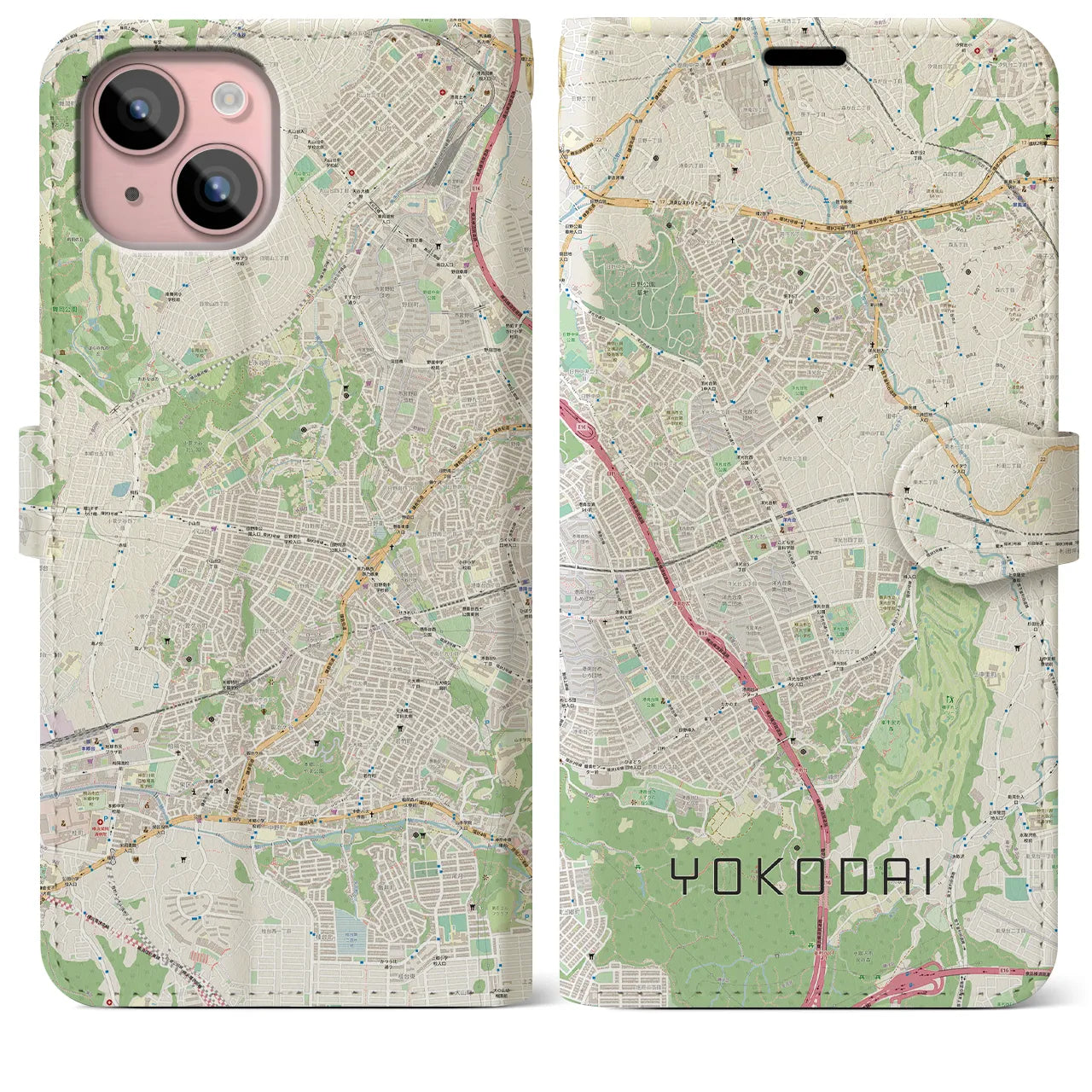 【洋光台(神奈川県)】地図柄iPhoneケース(手帳タイプ)ナチュラル・iPhone 15 Plus 用
