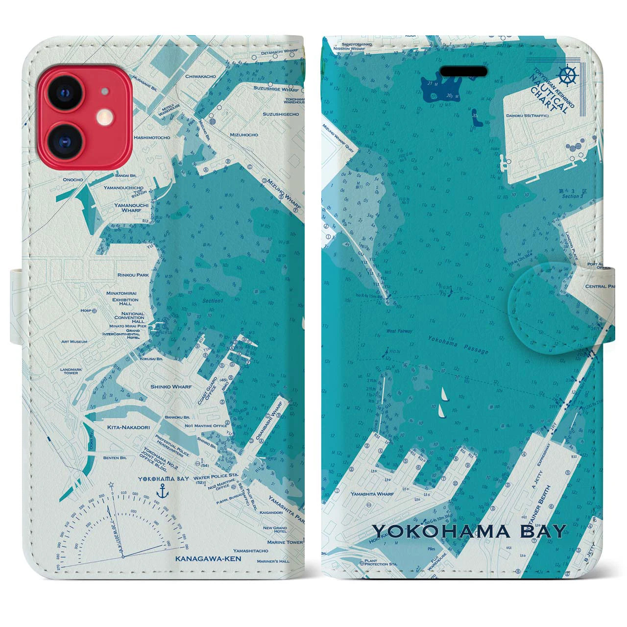 【横浜港(神奈川県)】海図iPhoneケース(手帳タイプ)ブルー・iPhone 11 用