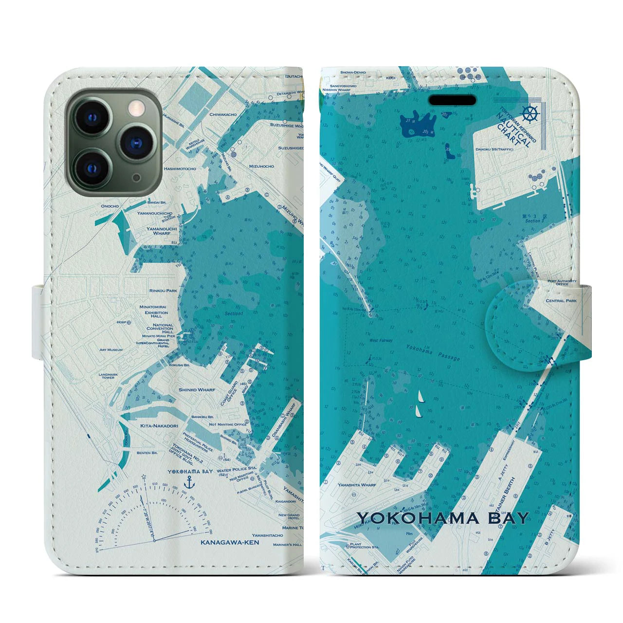 【横浜港(神奈川県)】海図iPhoneケース(手帳タイプ)ブルー・iPhone 11 Pro 用