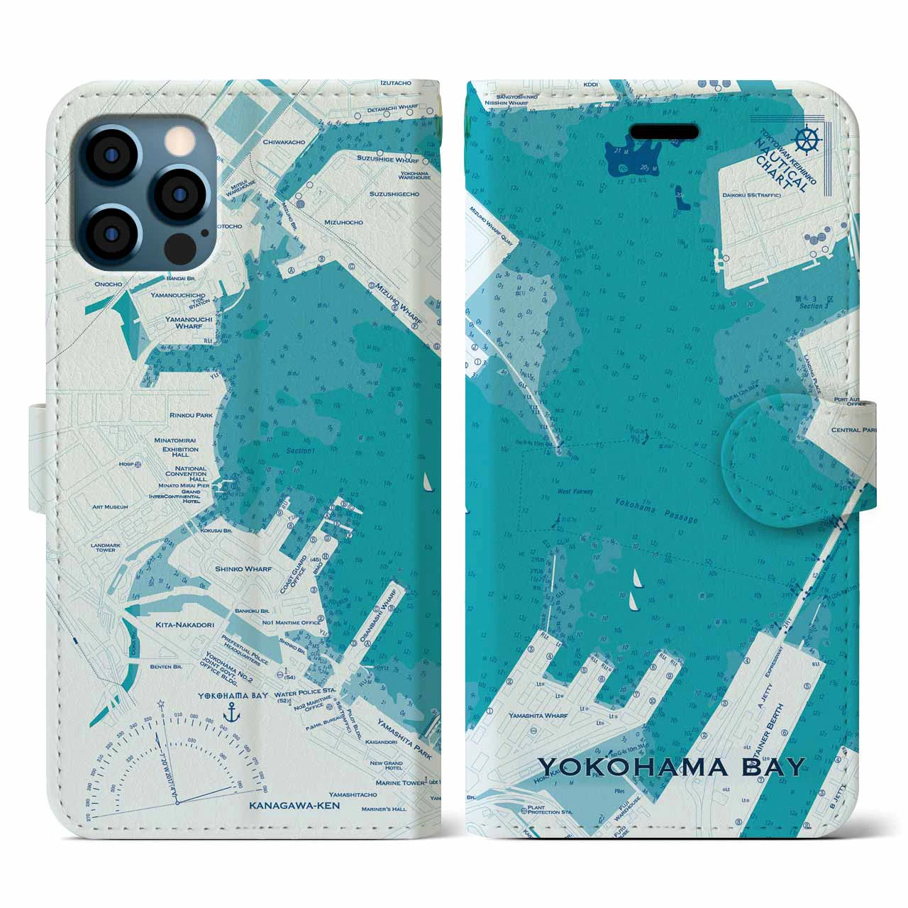 【横浜港(神奈川県)】海図iPhoneケース(手帳タイプ)ブルー・iPhone 12 / 12 Pro 用