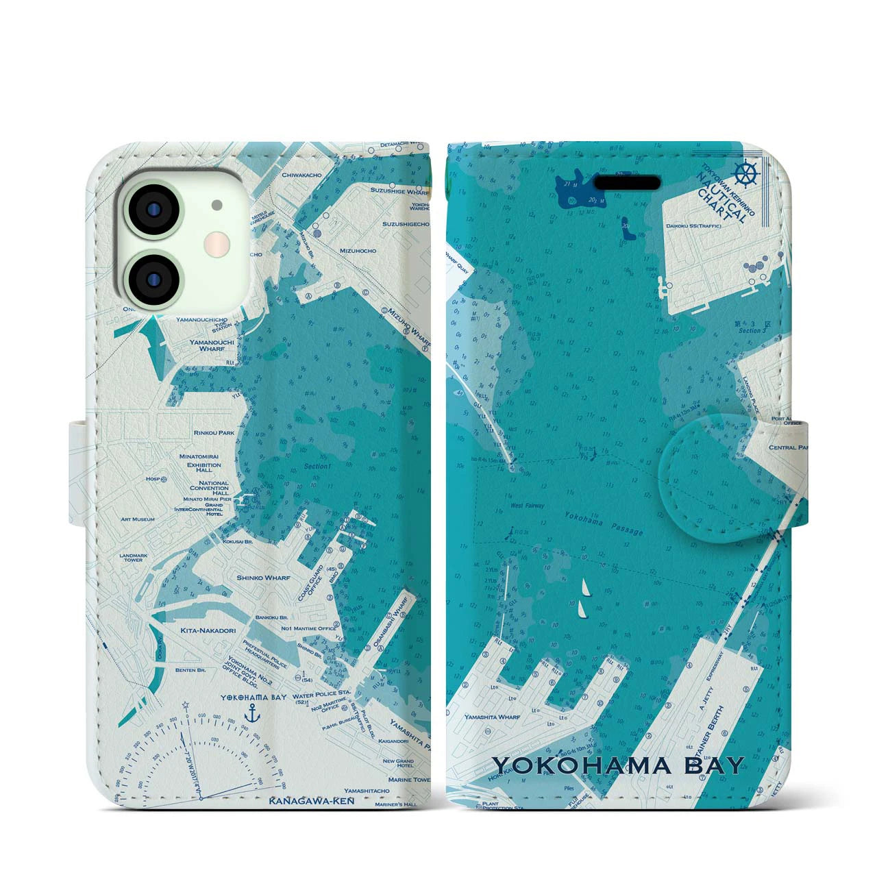 【横浜港(神奈川県)】海図iPhoneケース(手帳タイプ)ブルー・iPhone 12 mini 用