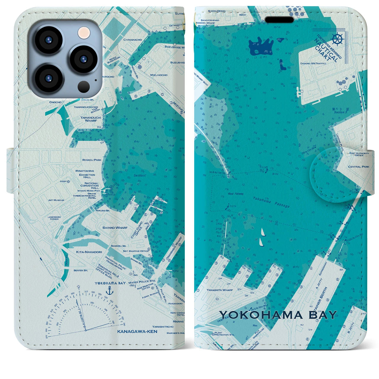【横浜港(神奈川県)】海図iPhoneケース(手帳タイプ)ブルー・iPhone 13 Pro Max 用