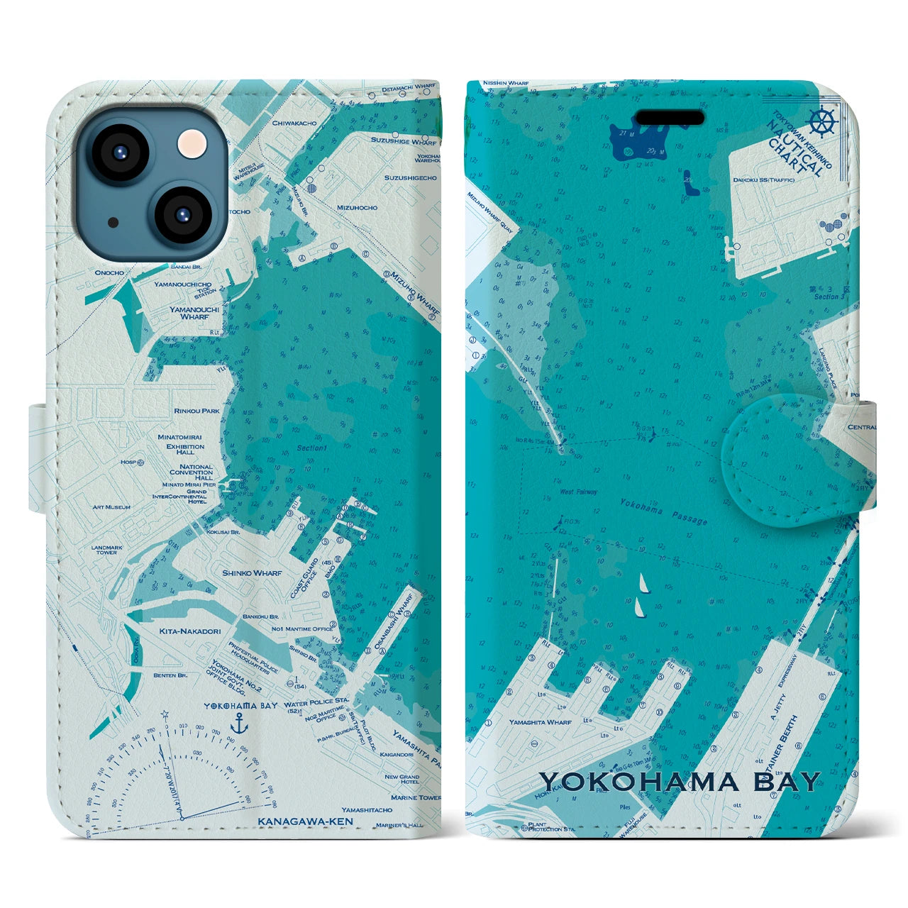 【横浜港(神奈川県)】海図iPhoneケース(手帳タイプ)ブルー・iPhone 13 Pro 用