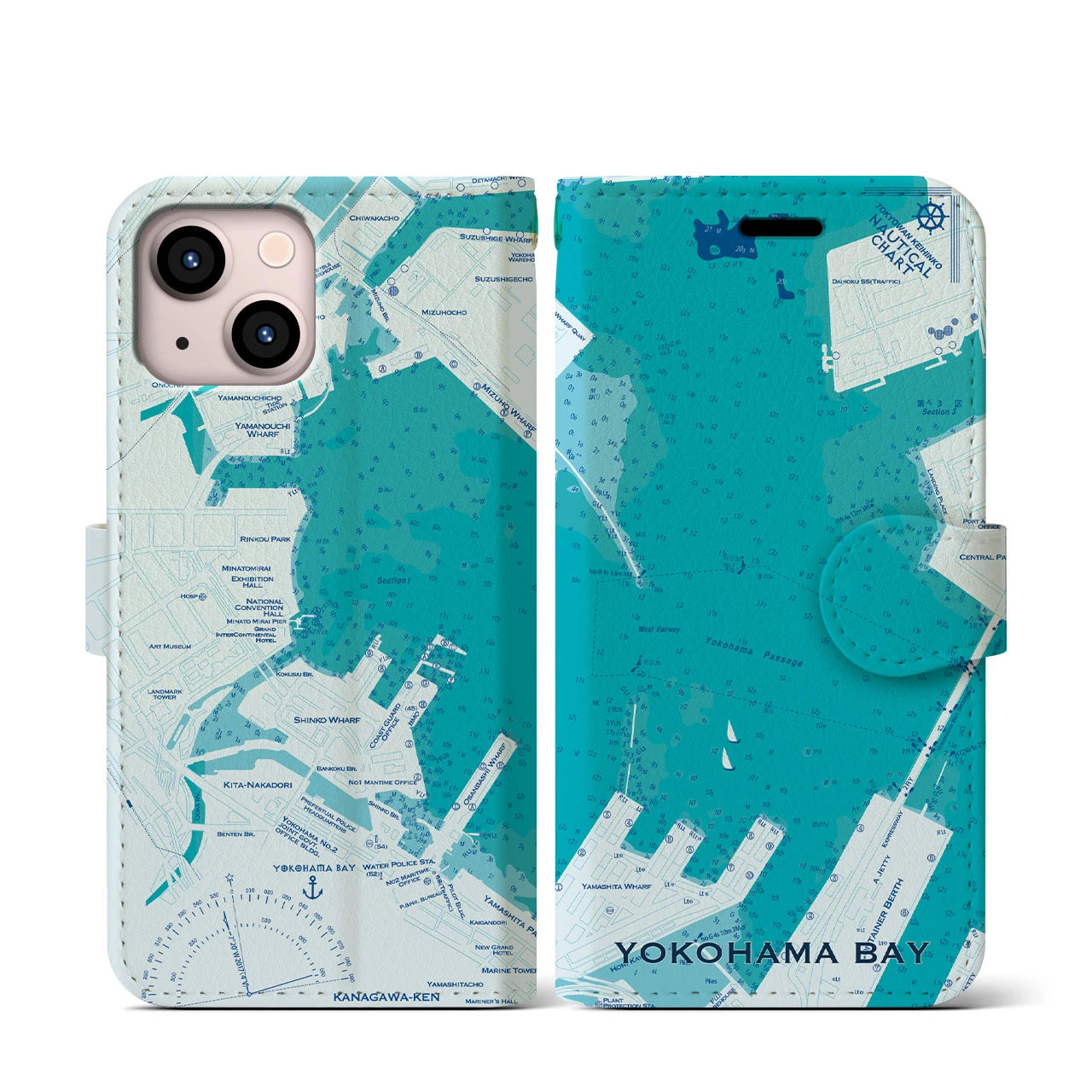 【横浜港(神奈川県)】海図iPhoneケース(手帳タイプ)ブルー・iPhone 13 mini 用