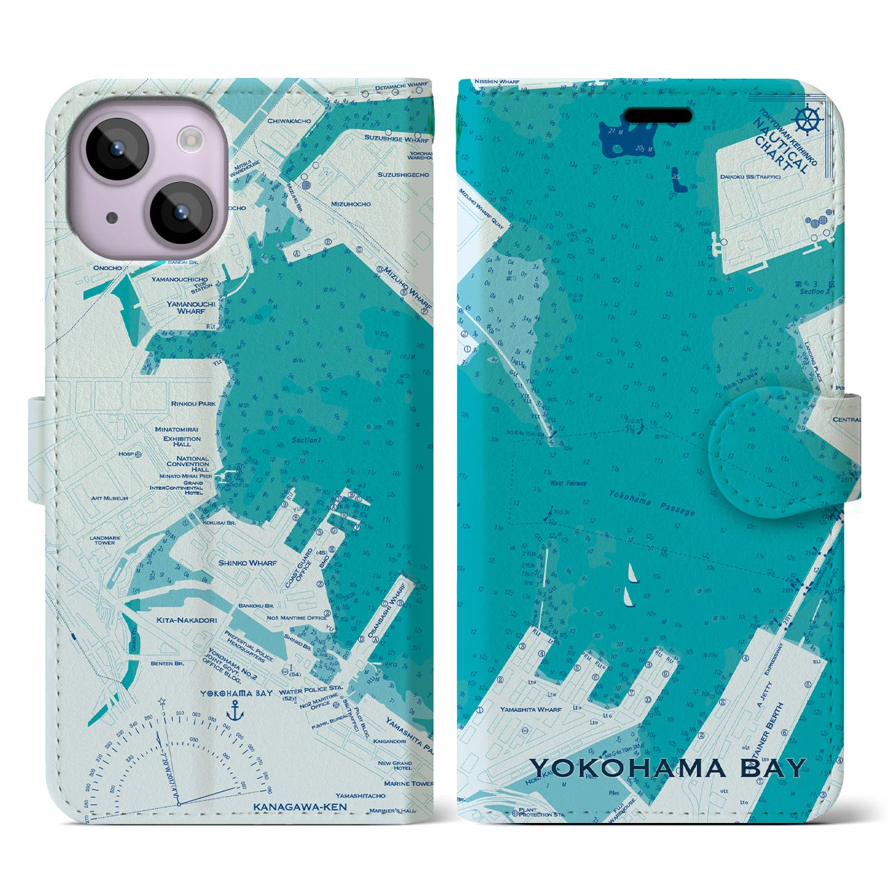 【横浜港(神奈川県)】海図iPhoneケース(手帳タイプ)ブルー・iPhone 14 用