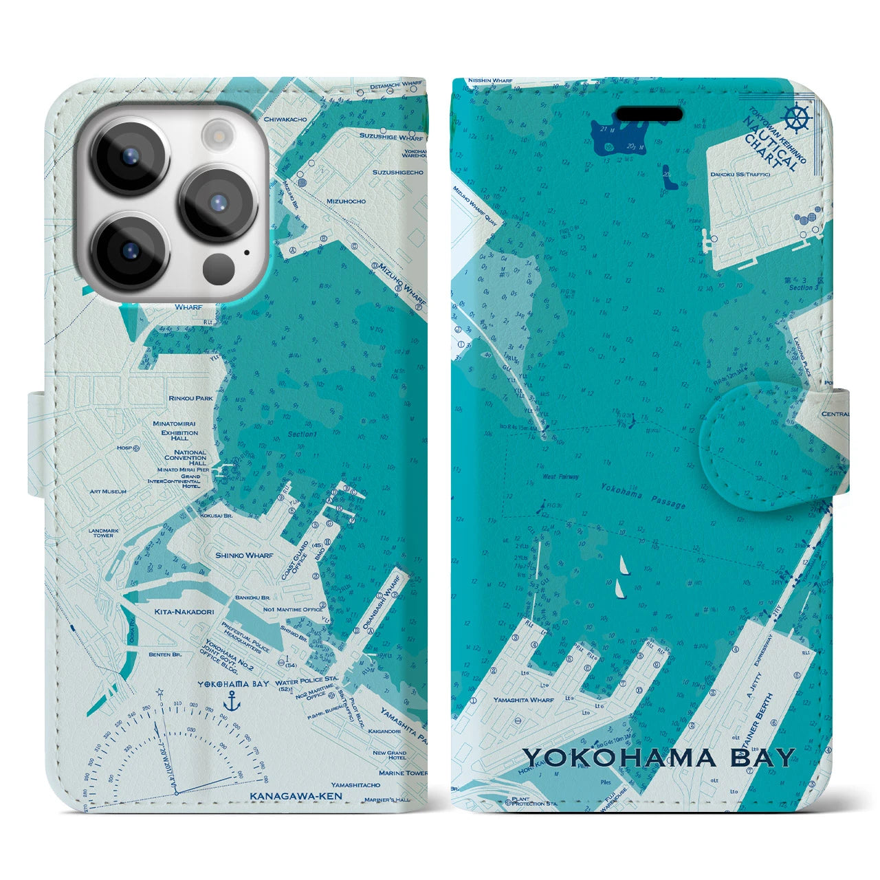 【横浜港(神奈川県)】海図iPhoneケース(手帳タイプ)ブルー・iPhone 14 Pro 用