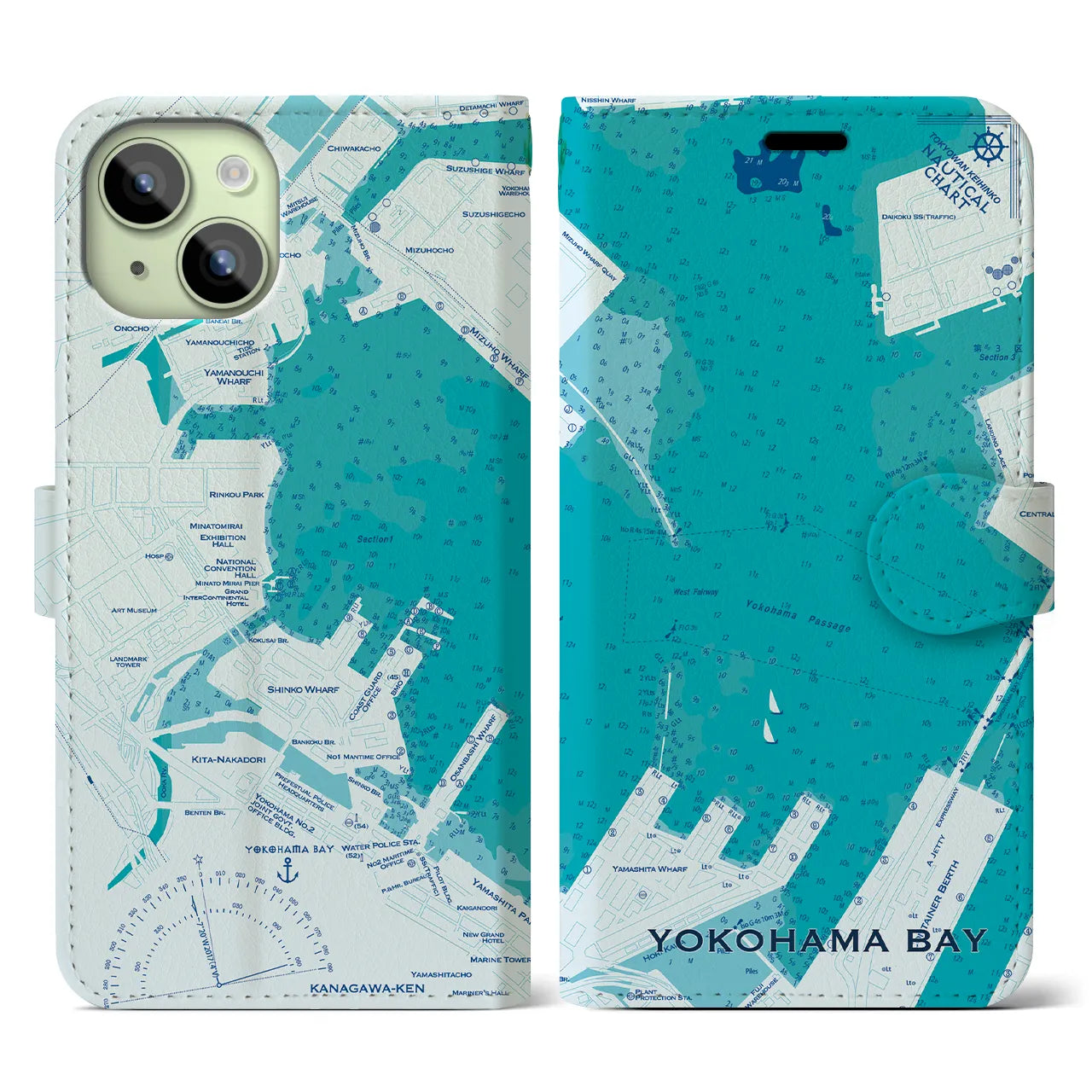 【横浜港(神奈川県)】海図iPhoneケース(手帳タイプ)ブルー・iPhone 15 用