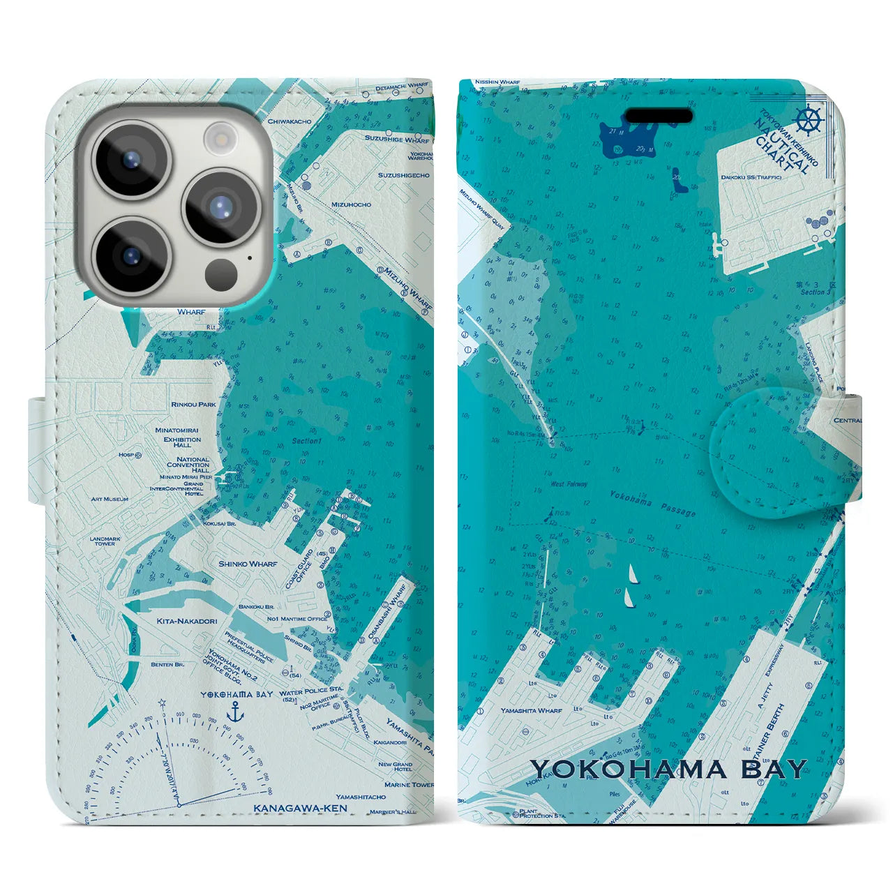 【横浜港(神奈川県)】海図iPhoneケース(手帳タイプ)ブルー・iPhone 15 Pro 用