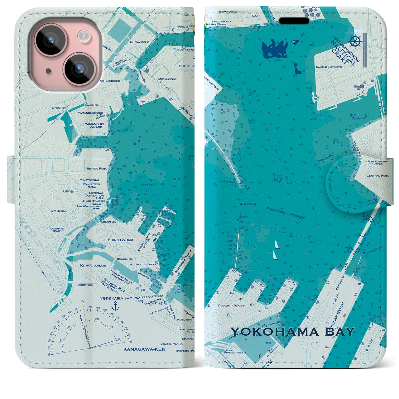 【横浜港(神奈川県)】海図iPhoneケース(手帳タイプ)ブルー・iPhone 15 Plus 用