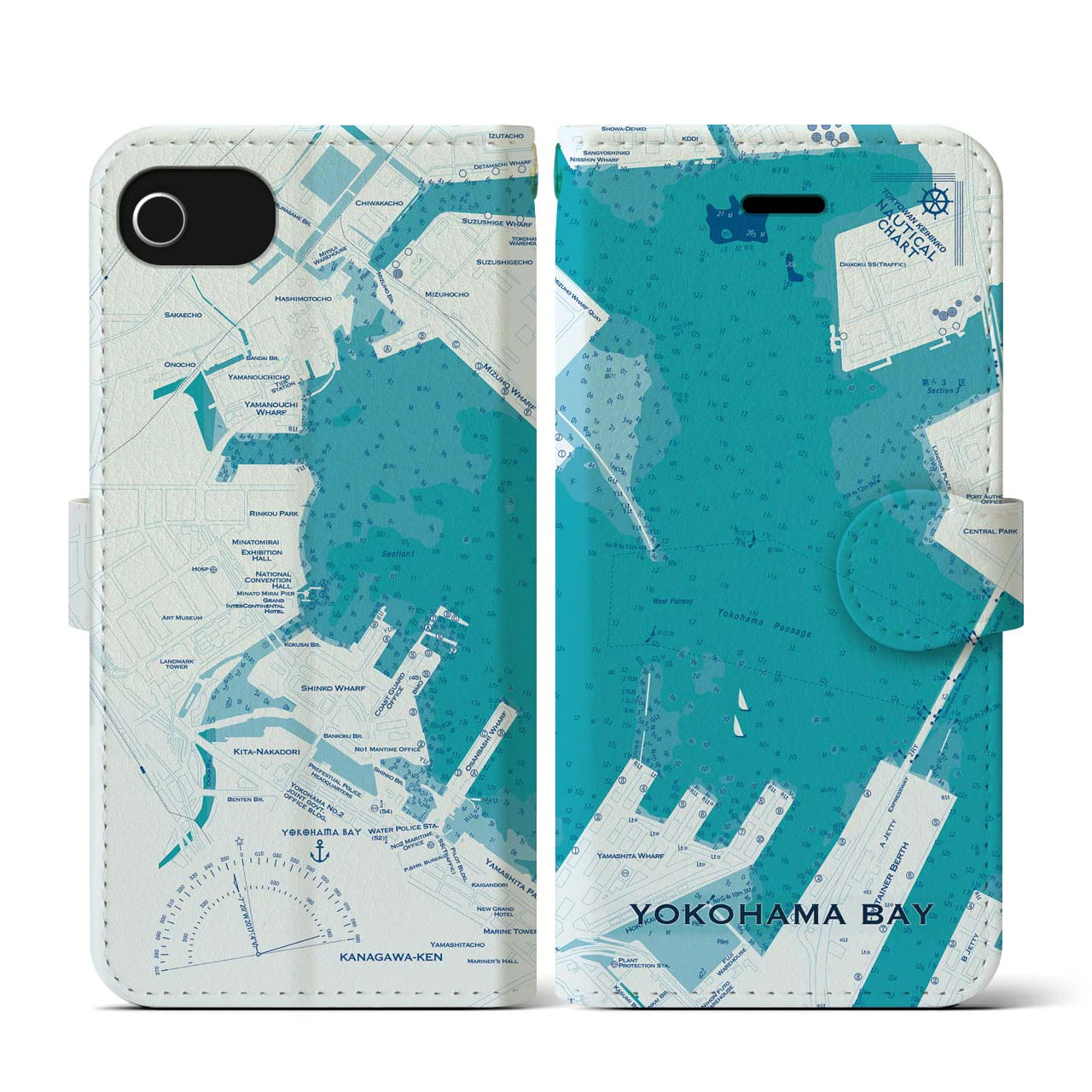 【横浜港(神奈川県)】海図iPhoneケース(手帳タイプ)ブルー・iPhone SE(第3 / 第2世代) / 8 / 7 / 6s / 6 用