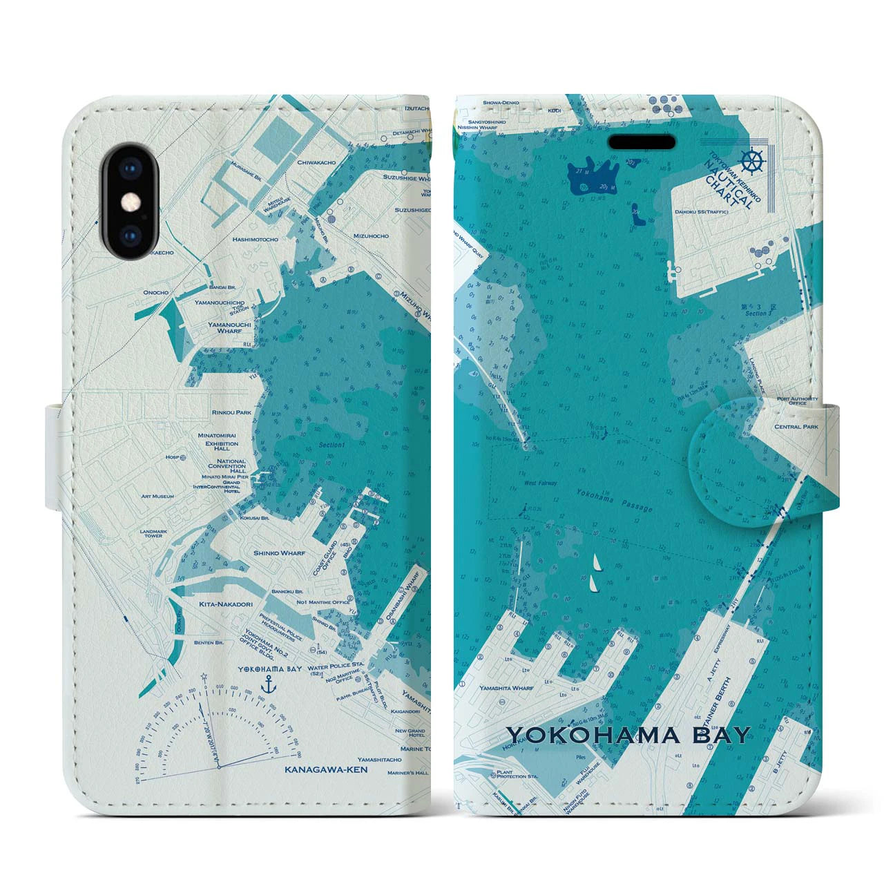 【横浜港(神奈川県)】海図iPhoneケース(手帳タイプ)ブルー・iPhone XS / X 用