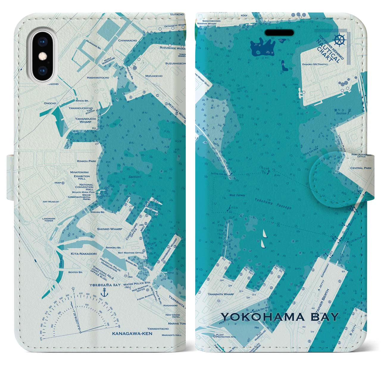 【横浜港(神奈川県)】海図iPhoneケース(手帳タイプ)ブルー・iPhone XS Max 用