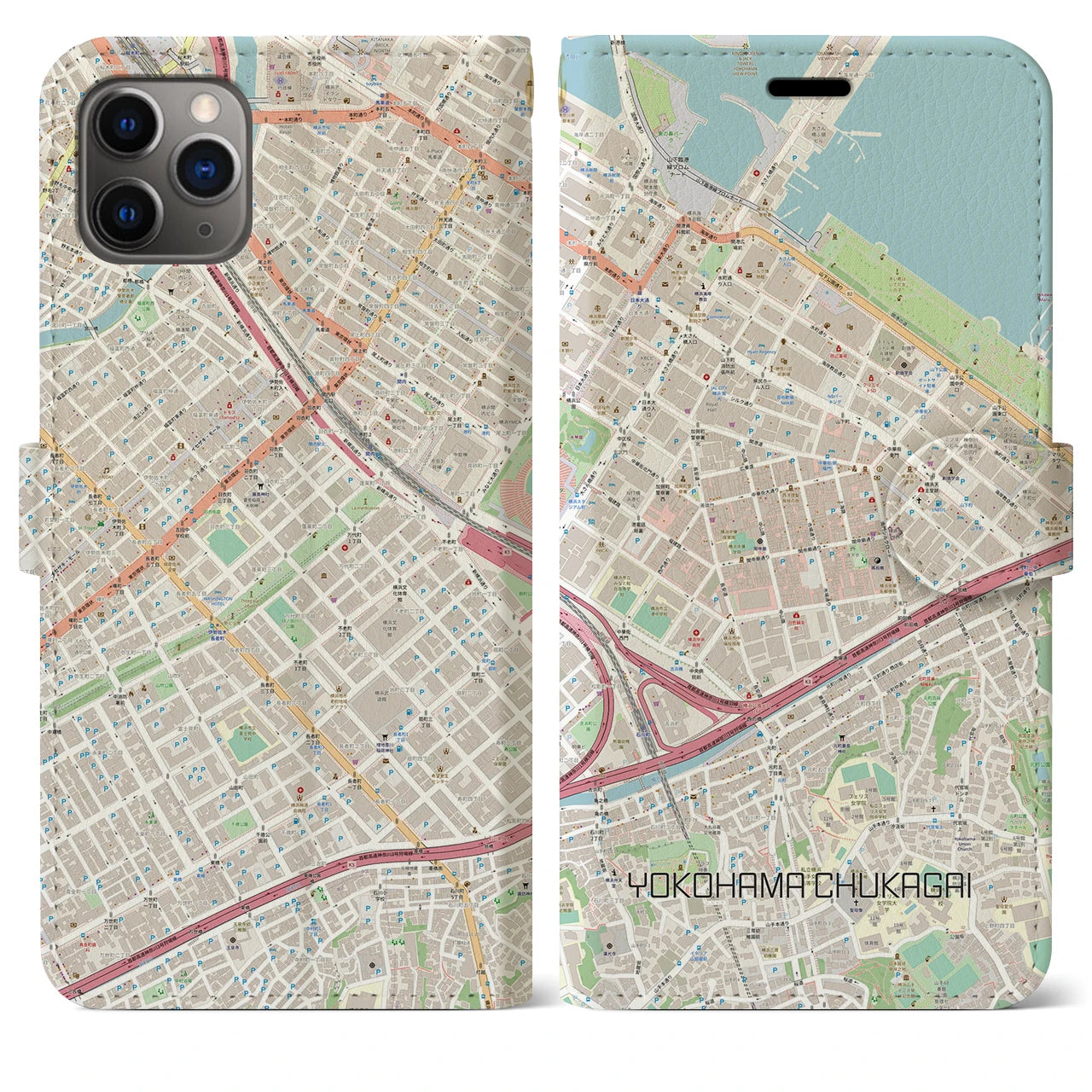 【横浜中華街(神奈川県)】地図柄iPhoneケース(手帳タイプ)ナチュラル・iPhone 11 Pro Max 用