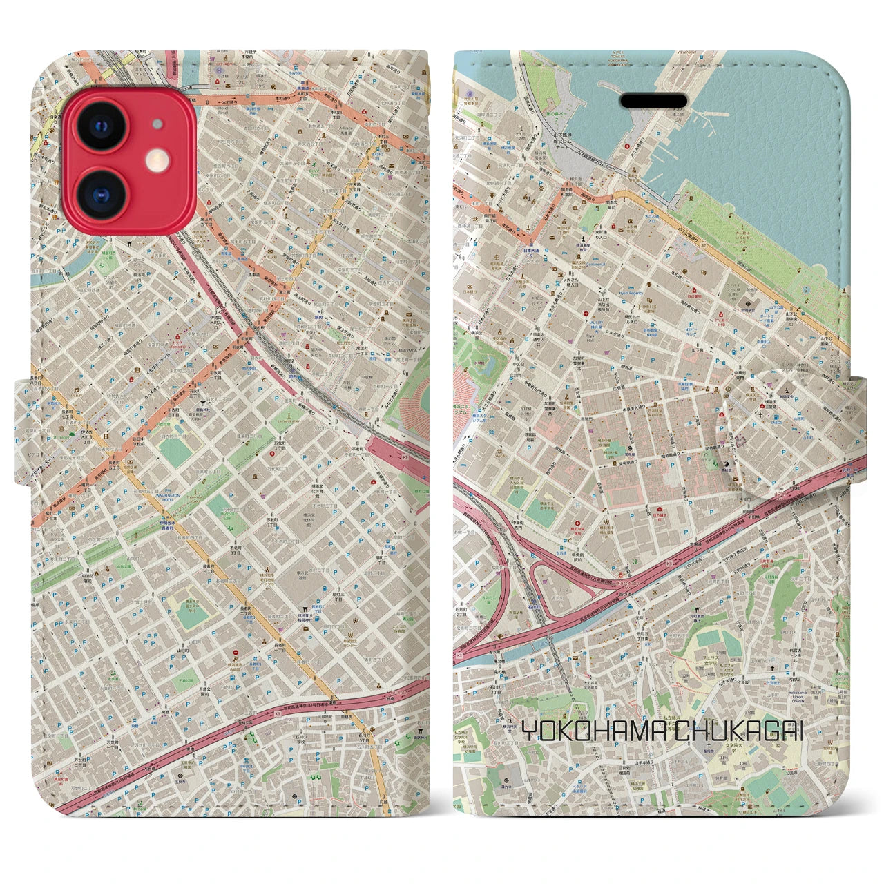 【横浜中華街(神奈川県)】地図柄iPhoneケース(手帳タイプ)ナチュラル・iPhone 11 用