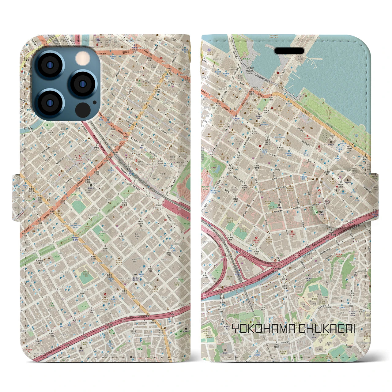 【横浜中華街(神奈川県)】地図柄iPhoneケース(手帳タイプ)ナチュラル・iPhone 12 / 12 Pro 用