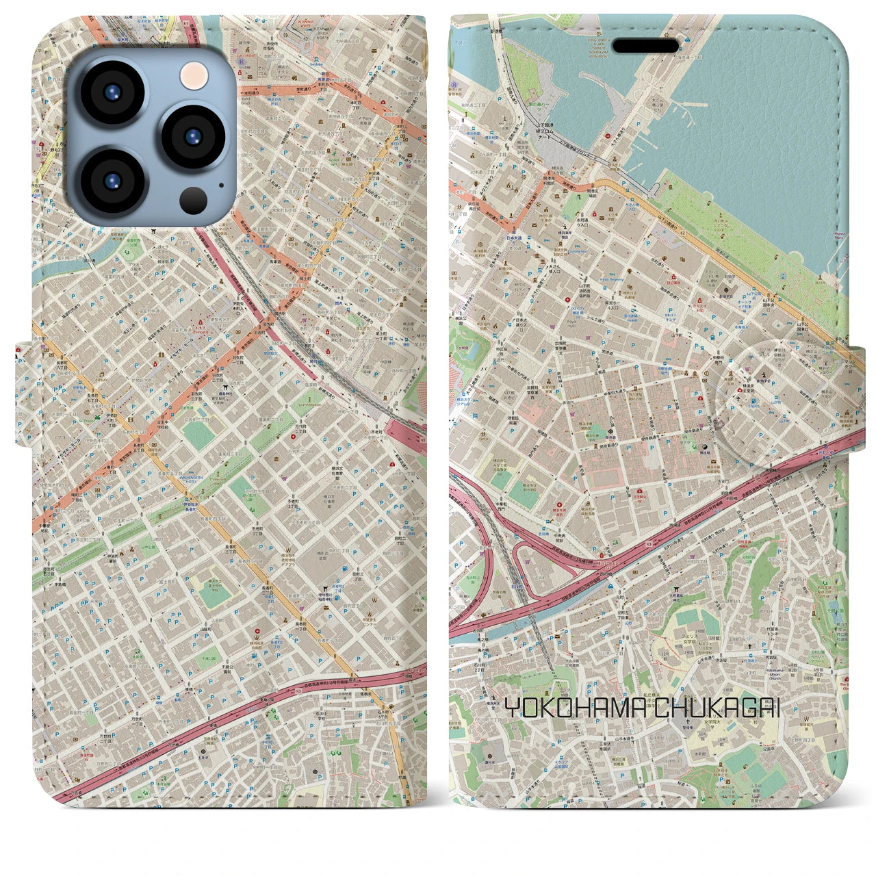 【横浜中華街(神奈川県)】地図柄iPhoneケース(手帳タイプ)ナチュラル・iPhone 13 Pro Max 用