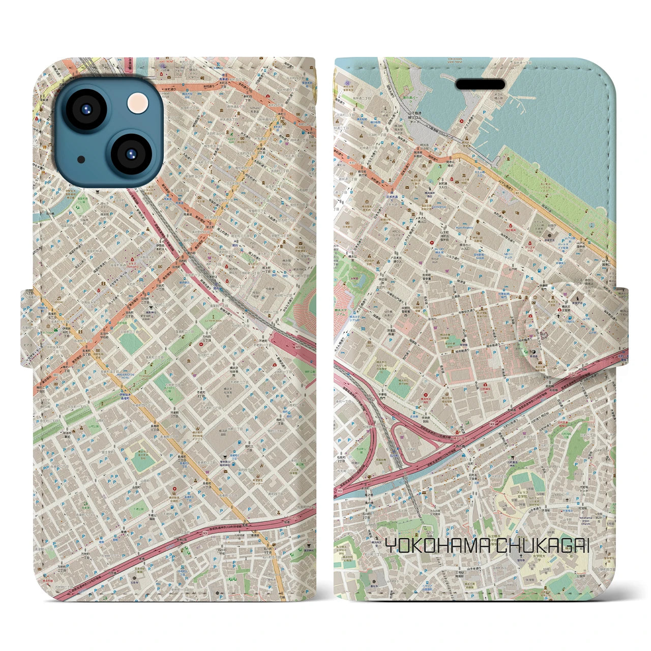 【横浜中華街(神奈川県)】地図柄iPhoneケース(手帳タイプ)ナチュラル・iPhone 13 用