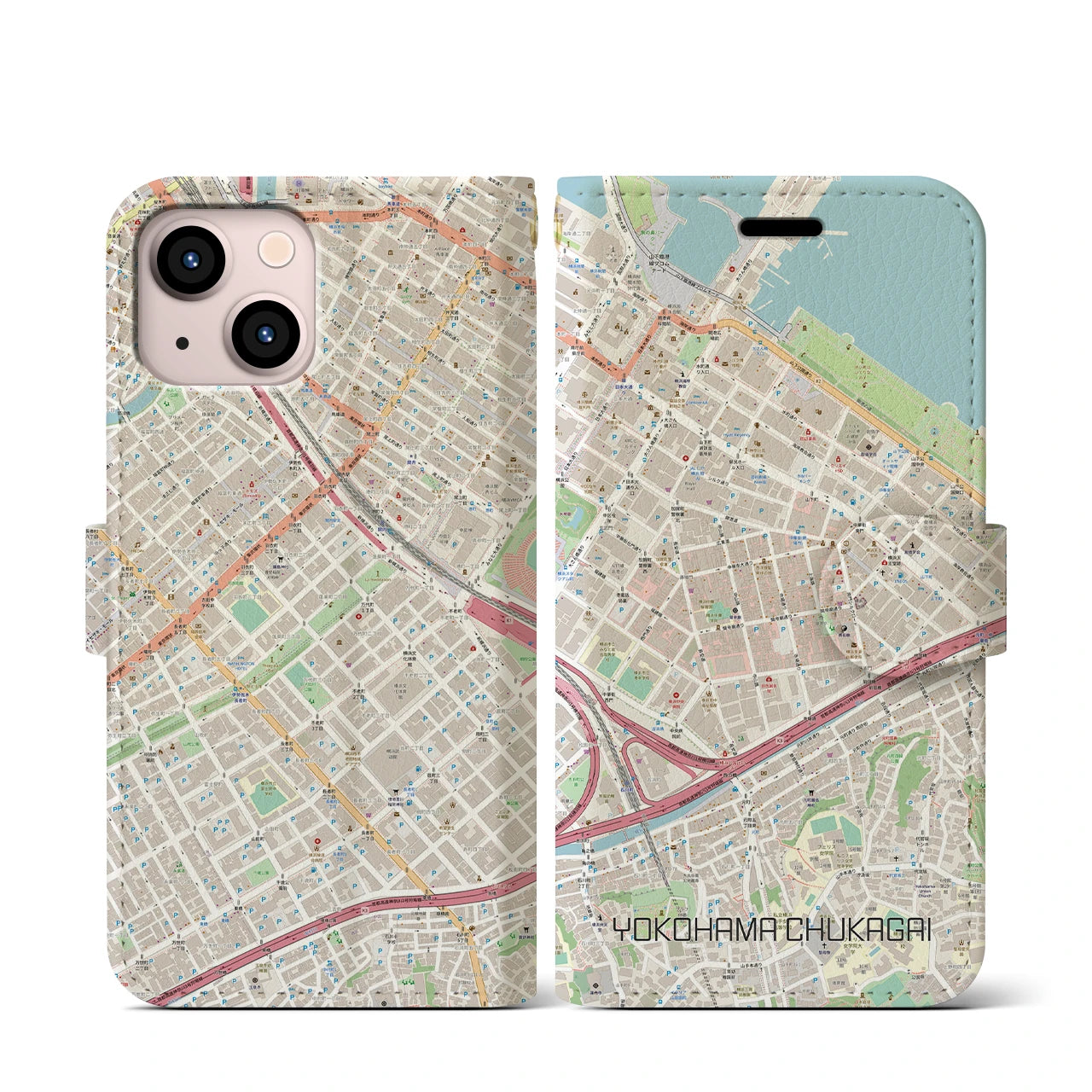 【横浜中華街(神奈川県)】地図柄iPhoneケース(手帳タイプ)ナチュラル・iPhone 13 mini 用