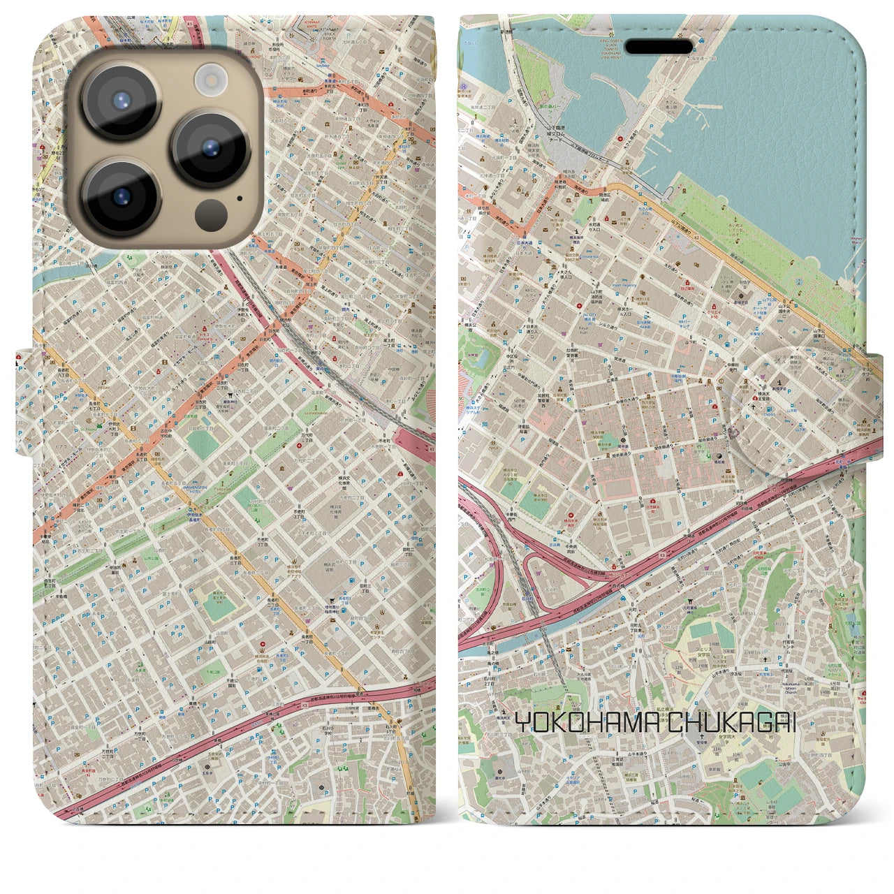 【横浜中華街(神奈川県)】地図柄iPhoneケース(手帳タイプ)ナチュラル・iPhone 14 Pro Max 用