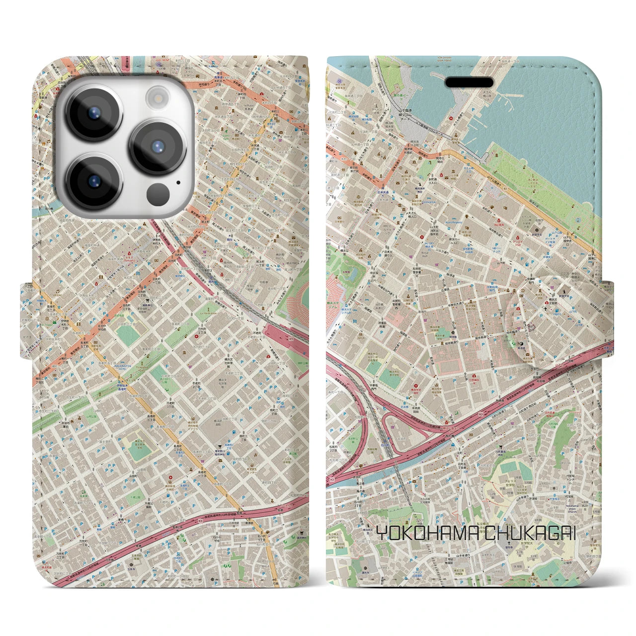 【横浜中華街(神奈川県)】地図柄iPhoneケース(手帳タイプ)ナチュラル・iPhone 14 Pro 用