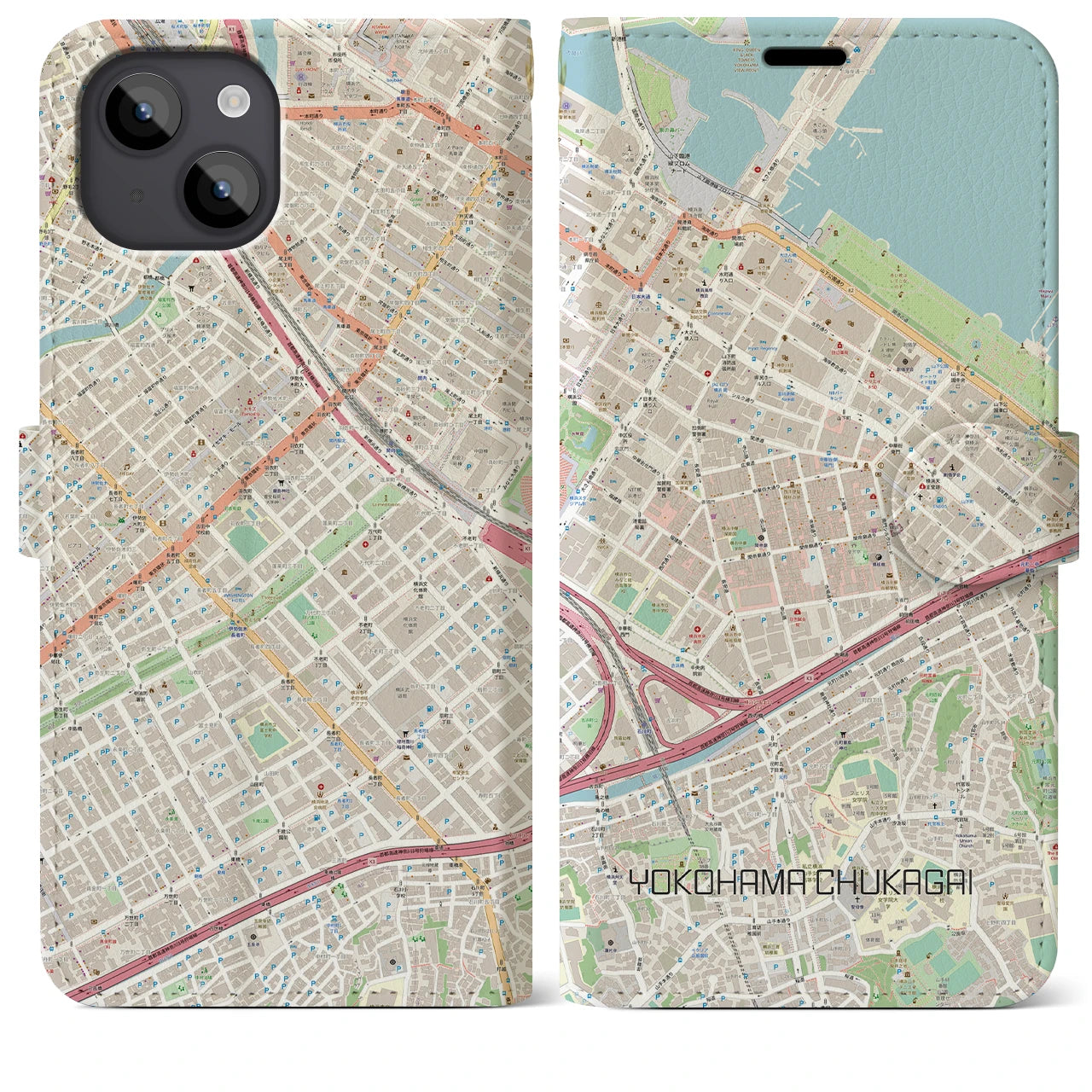 【横浜中華街(神奈川県)】地図柄iPhoneケース(手帳タイプ)ナチュラル・iPhone 14 Plus 用