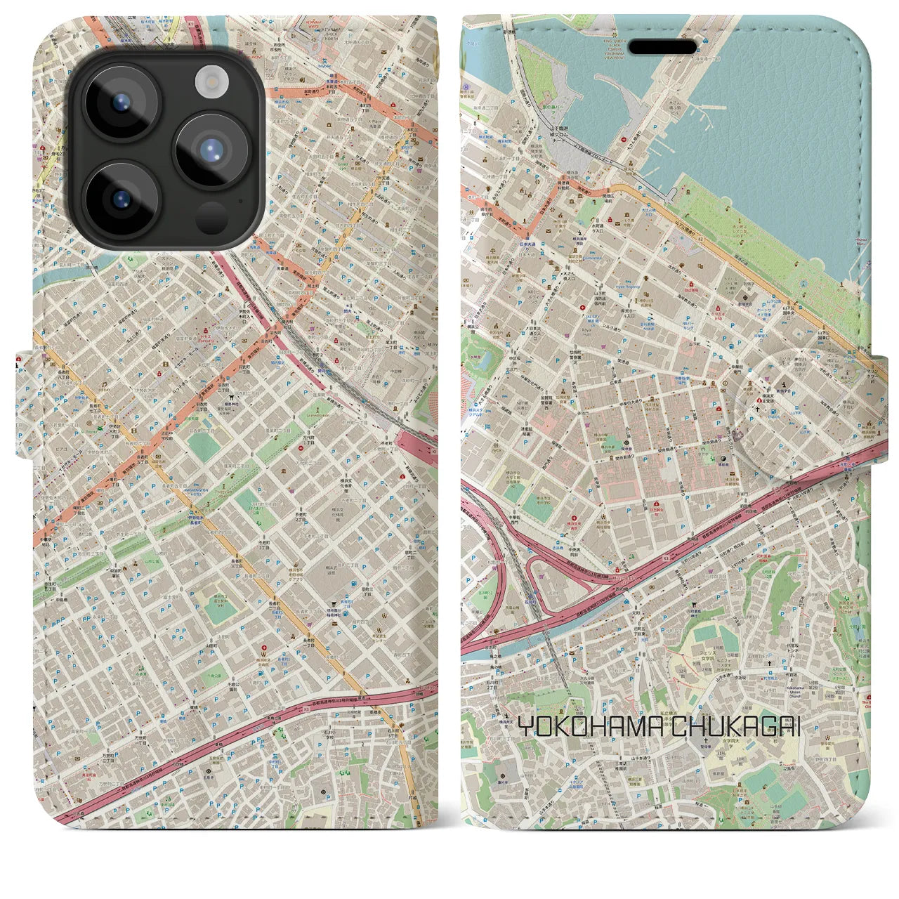 【横浜中華街(神奈川県)】地図柄iPhoneケース(手帳タイプ)ナチュラル・iPhone 15 Pro Max 用