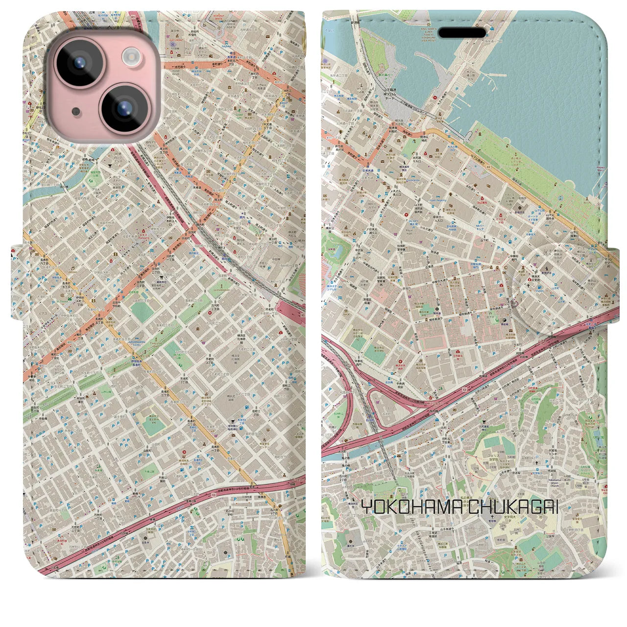 【横浜中華街(神奈川県)】地図柄iPhoneケース(手帳タイプ)ナチュラル・iPhone 15 Plus 用