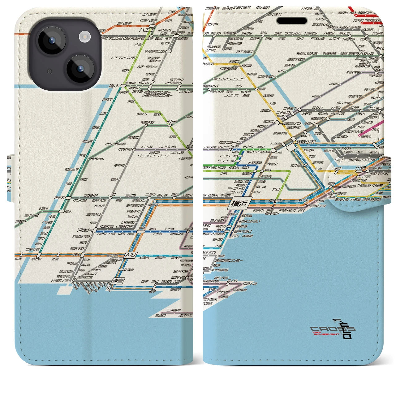 【横浜路線図(神奈川県)】路線図iPhoneケース(手帳タイプ)ホワイト・iPhone 14 Plus 用