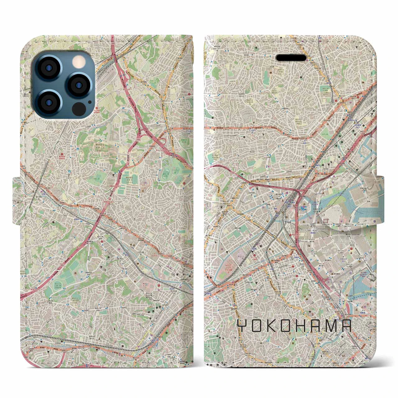 【横浜2(神奈川県)】地図柄iPhoneケース(手帳タイプ)ナチュラル・iPhone 12 / 12 Pro 用