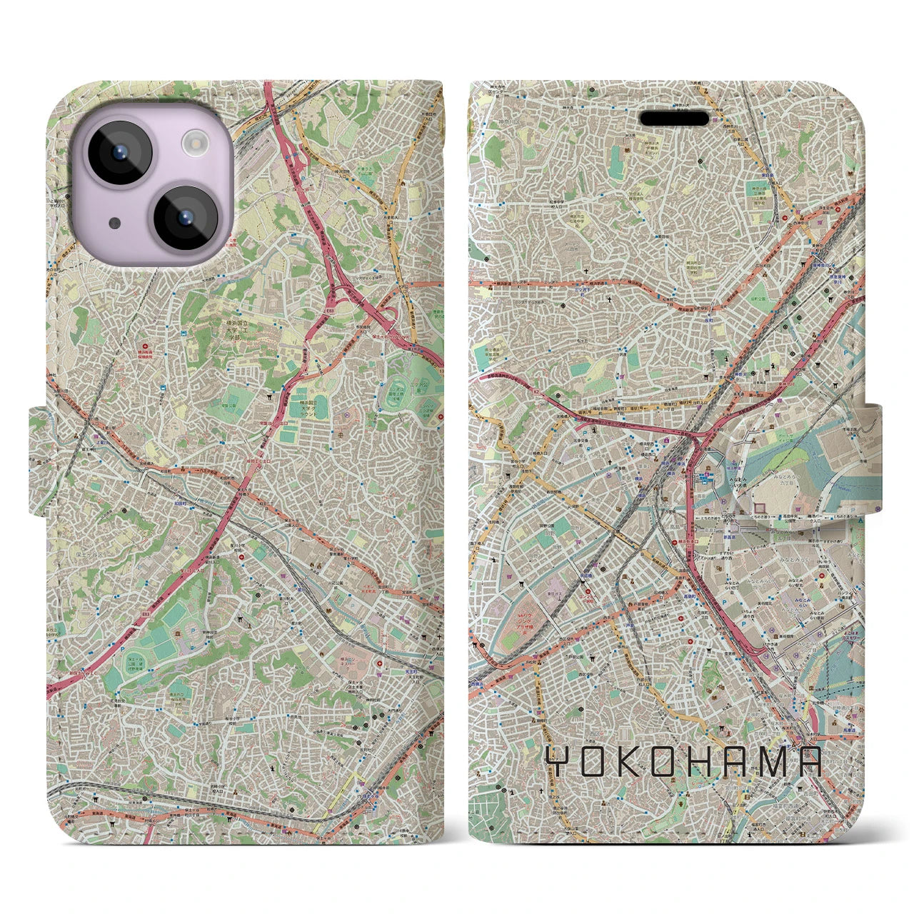 【横浜2(神奈川県)】地図柄iPhoneケース(手帳タイプ)ナチュラル・iPhone 14 用