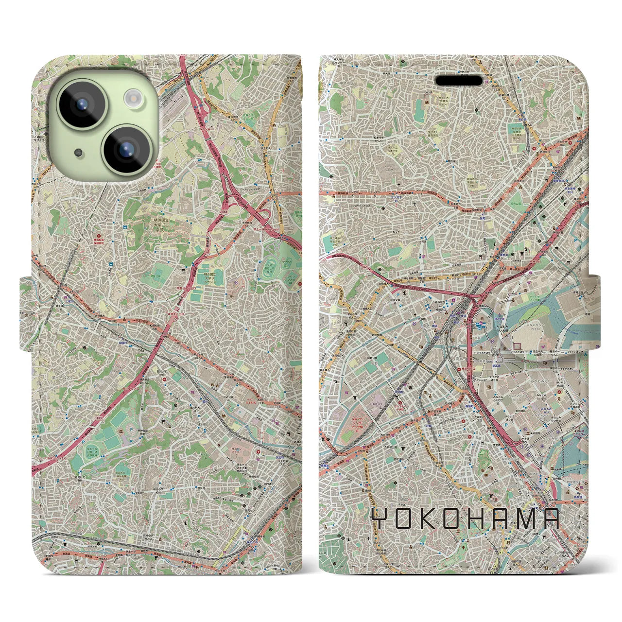 【横浜2(神奈川県)】地図柄iPhoneケース(手帳タイプ)ナチュラル・iPhone 15 用