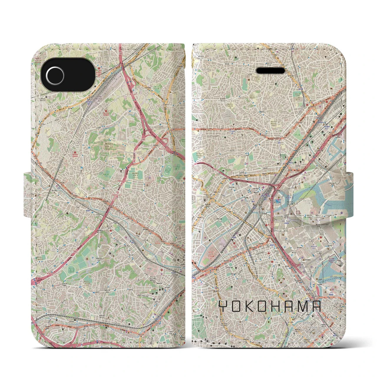 【横浜2(神奈川県)】地図柄iPhoneケース(手帳タイプ)ナチュラル・iPhone SE(第3 / 第2世代) / 8 / 7 / 6s / 6 用