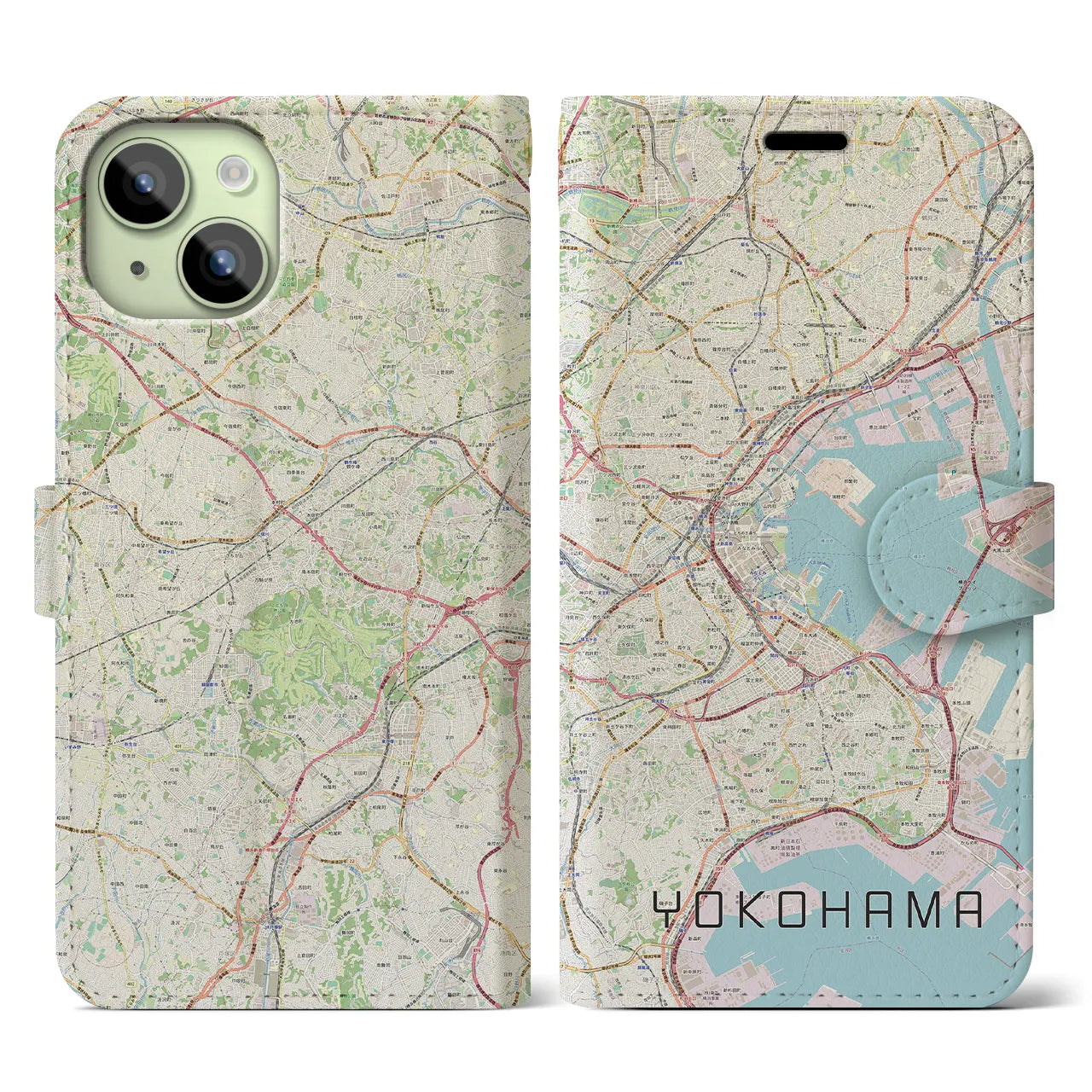 【横浜(神奈川県)】地図柄iPhoneケース(手帳タイプ)ナチュラル・iPhone 15 用