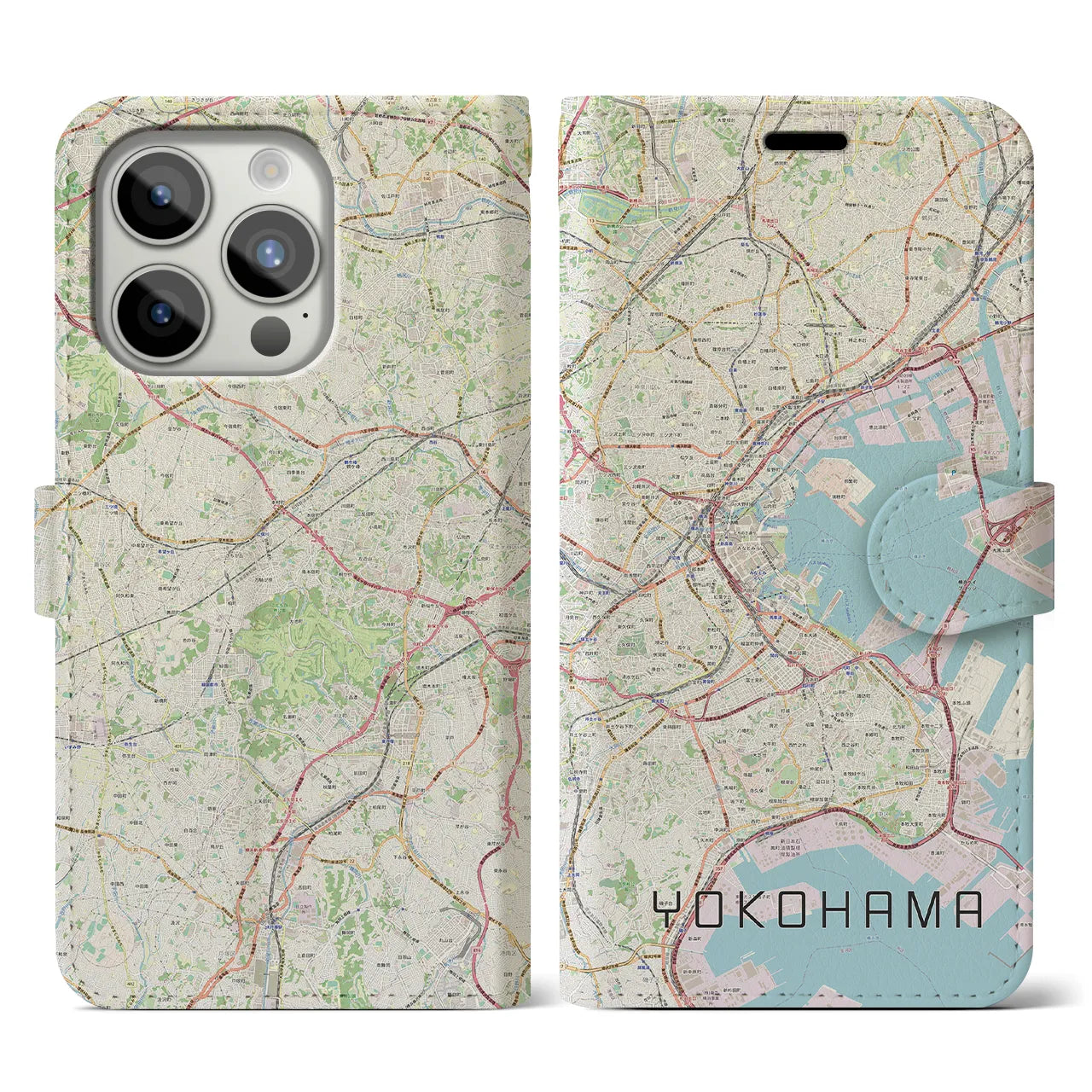【横浜(神奈川県)】地図柄iPhoneケース(手帳タイプ)ナチュラル・iPhone 15 Pro 用
